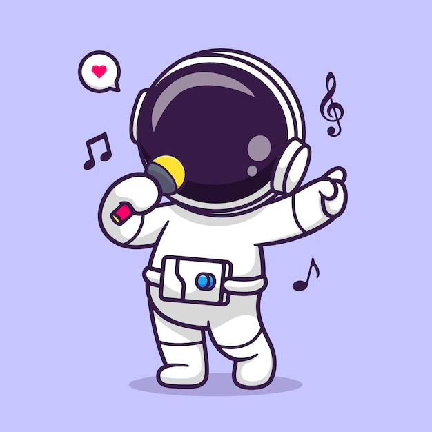 Kostenloser Vektor niedlich, astronaut, singen, mit, mikrofon, und, kopfhörer, karikatur, vektor, symbol, abbildung, wissenschaft, tech