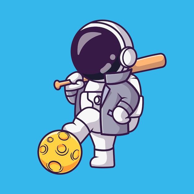 Niedlich, astronaut, spielender, baseball, mit, mond, karikatur, vektor, symbol, abbildung, wissenschaft, sport, isolated