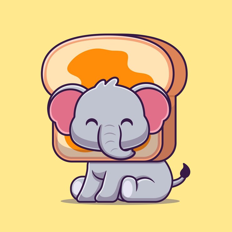 Kostenlose Vektor niedlich, elefant, in, brot, karikatur, vektor, symbol, abbildung, tierfutter, symbol, konzept, freigestellt, flat