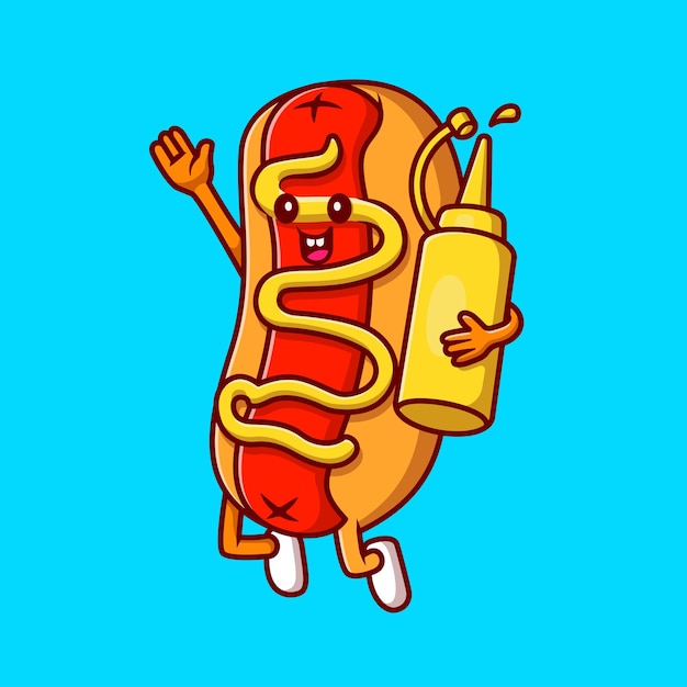 Kostenloser Vektor niedlich, hotdog, halten, senf, flasche, karikatur, vektor, symbol, abbildung, essen, urlaub, symbol, begriff, isola