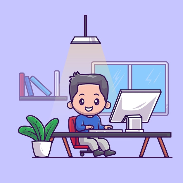 Niedlich, Mann, Arbeiten, Computer, Karikatur, Vektor, Symbol, Illustration. Leute, Technologie, Symbol, Isolated