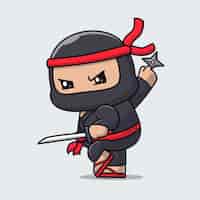 Kostenloser Vektor niedlich, ninja, mit, shuriken, und, schwert, karikatur, vektor, symbol, abbildung, leute, feiertag, freigestellt, flat