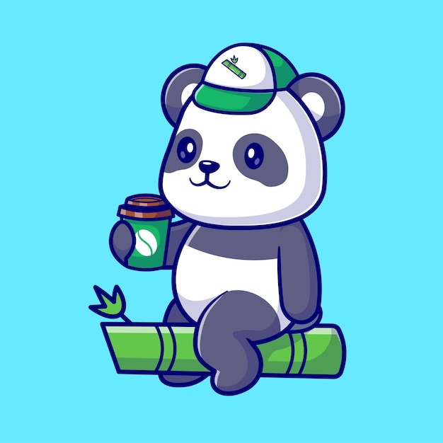 Kostenloser Vektor niedlich, panda, trinkender kaffee, auf, bambusbaum, karikatur, vektor, symbol, illustration. tiergetränk isoliert