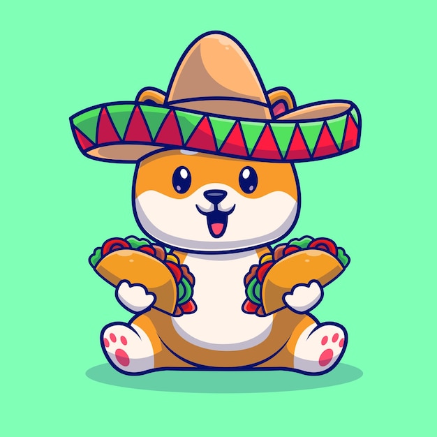 Niedlich, shiba inu, hund, essen, tacos, mit, sombreno, hat, karikatur, vektor, symbol, abbildung, tierfutter, icon