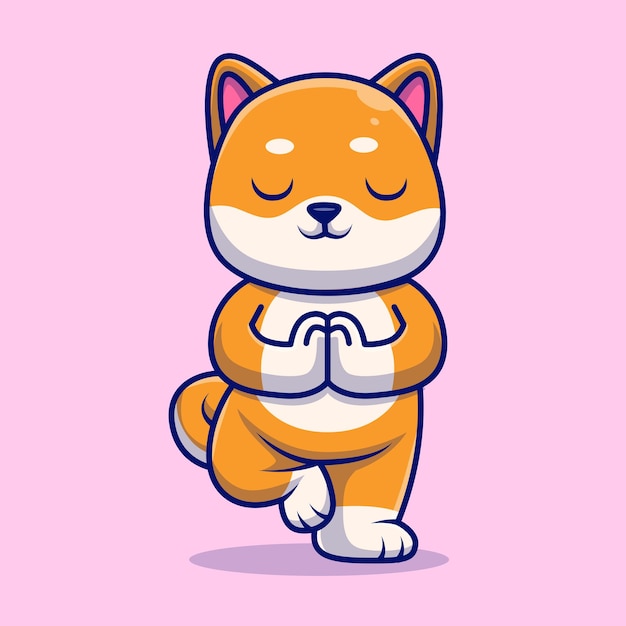 Niedlich, shiba inu, hund, meditieren, yoga, karikatur, vektor, symbol, abbildung, tier, sport, symbol, freigestellt, flat