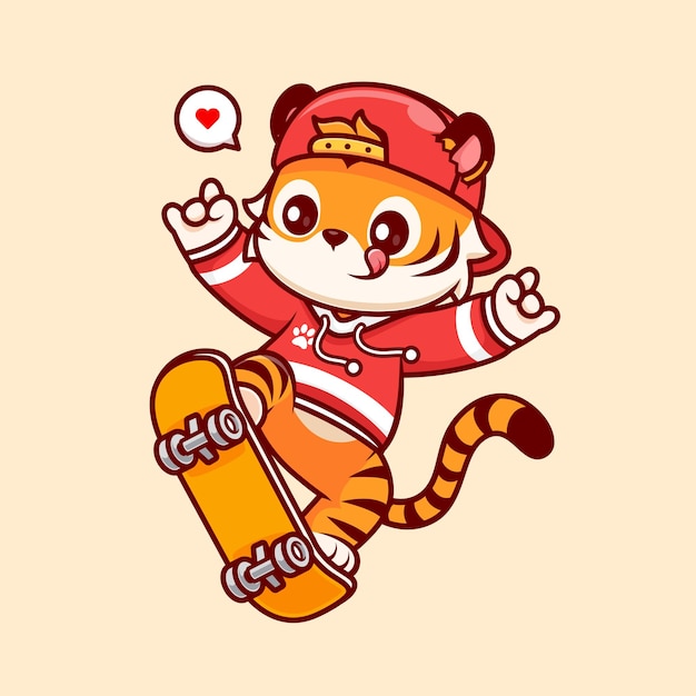 Kostenloser Vektor niedlich, tiger, spielender, skateboard, mit, metall, hand, karikatur, vektor, symbol, abbildung, tier, sport, icon