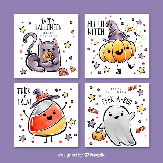 Niedliche aquarellhalloween-kartensammlung