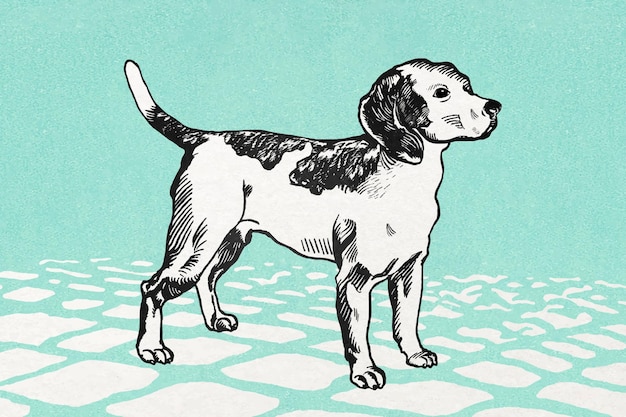 Kostenloser Vektor niedliche beagle-hund-vintage-illustration auf grünem fliesenboden