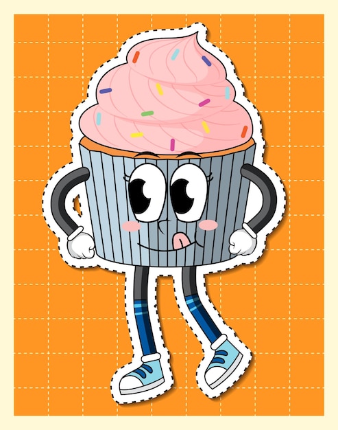 Kostenloser Vektor niedliche cupcake-cartoon-figur auf gitterhintergrund