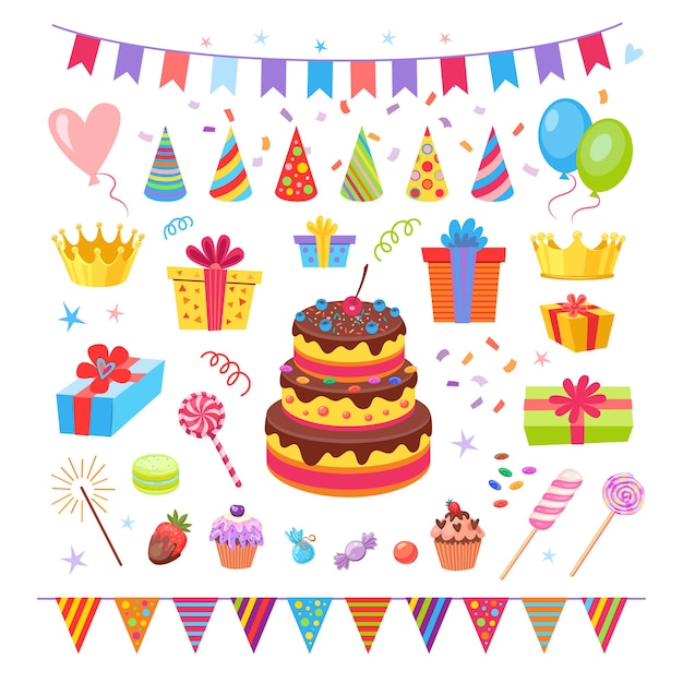 Niedliche geburtstagsparty-elemente-illustrationen eingestellt. kuchen, cupcakes, konfetti, luftballons, partyhüte aus papier, fahnen, süßigkeiten, geschenke für kinder einzeln auf weiß Premium Vektoren