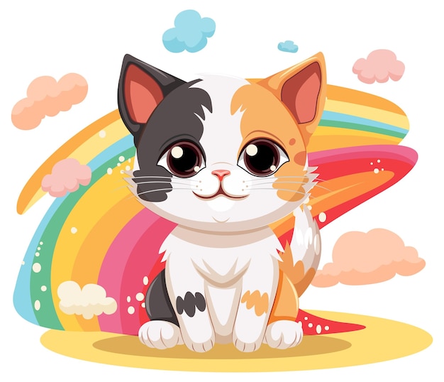 Niedliche katzen-cartoon-figur mit isoliertem regenbogen