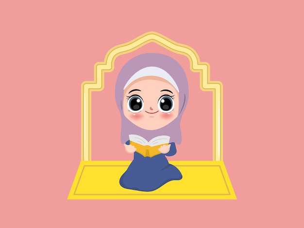 Kostenloser Vektor niedliche muslimische betende zeichentrickfigur chibi zeichentrickanimationsdesign