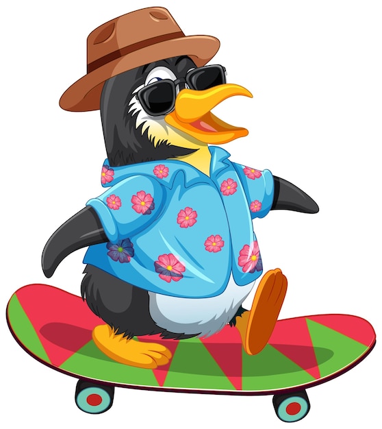 Niedliche pinguin-cartoon-figur beim skateboarden