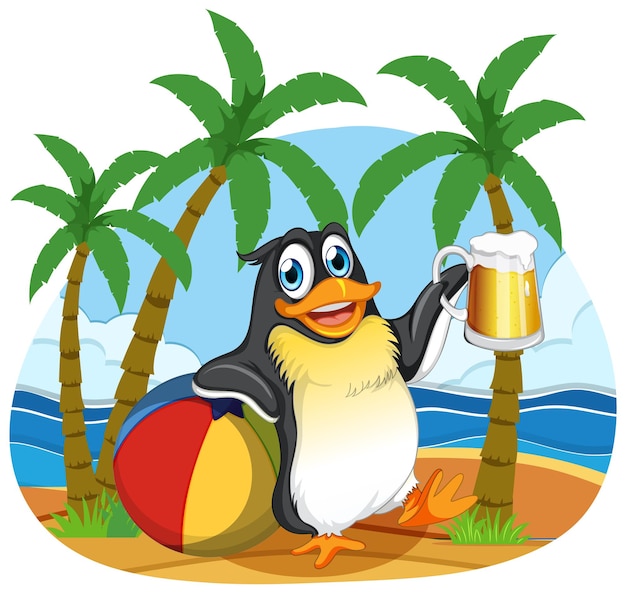 Niedliche pinguin-cartoon-figur im sommerurlaub