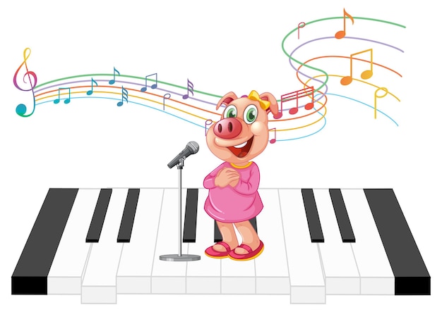 Niedliche schwein-cartoon-figur, die auf dem klavier steht