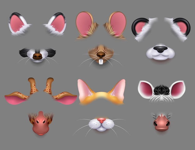 Niedliche Tierohren Und Nasenvideoeffektfilter Lustige Tiergesichtsmasken Fur Handysatz Premium Vektor