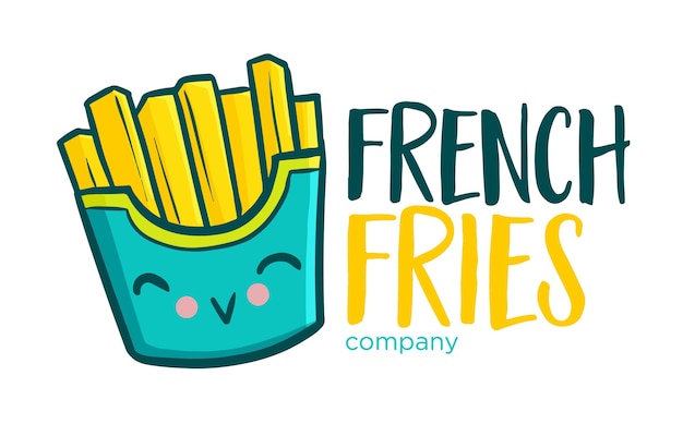 Niedliche und kawaii lustige illustrative logo-vorlage für pommes frites geschäft, geschäft oder firma