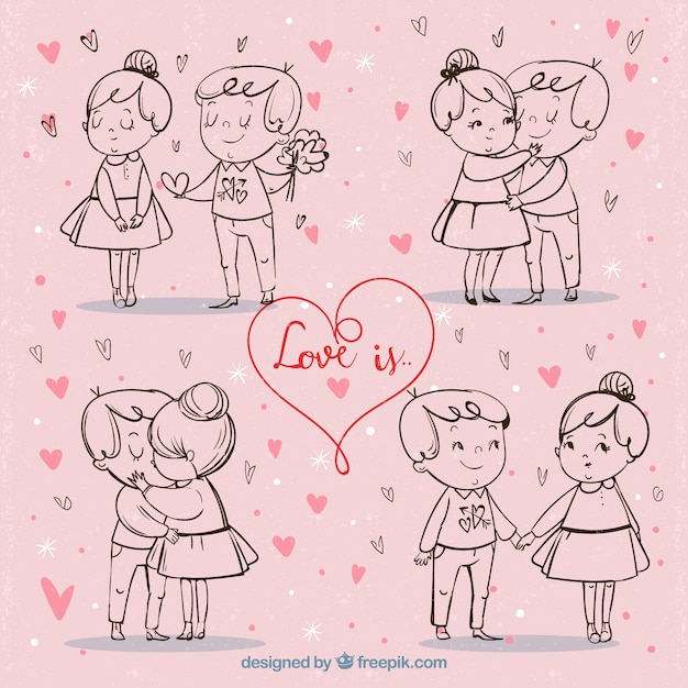 Niedliche Vintage Valentine Paare skizziert Hintergrund