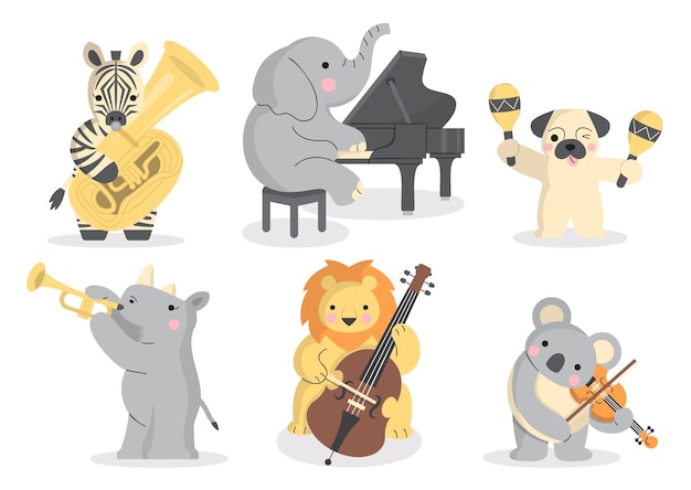 Niedliche wilde Tiere und verschiedene Musikinstrumente in einem Musikerkonzept Handzeichnung in Zeichentrickfiguren auf weißem Hintergrund Vektorillustration