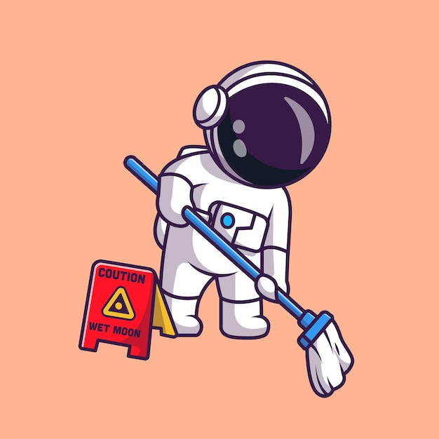 Kostenloser Vektor niedlicher astronaut, der den boden wischt, cartoon-vektor-symbol, illustration, wissenschaft, gesundes symbol-konzept, isoliert