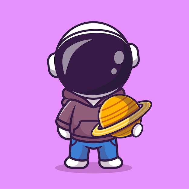 Niedlicher astronaut, der planeten hält und hoodie trägt cartoon-vektor-symbol illustration wissenschaftstechnologie