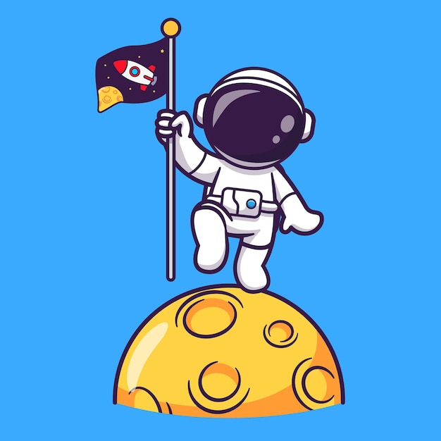 Niedlicher astronaut mit raketenflagge auf mond-cartoon-vektor-symbol-illustration. symbol für wissenschaftstechnologie