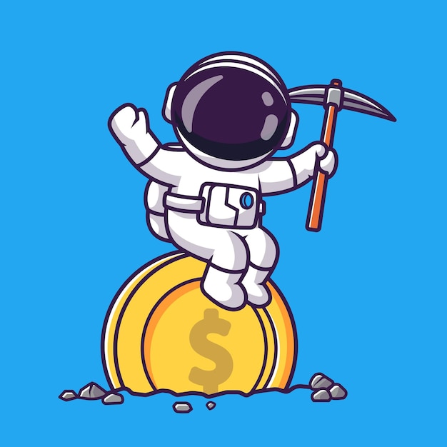 Niedlicher astronaut sitzt auf goldmünze mit spitzhacke cartoon vector icon illustration science finance