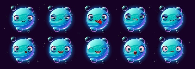 Niedlicher blauer planetencharakter steht vor emoji-cartoon-set