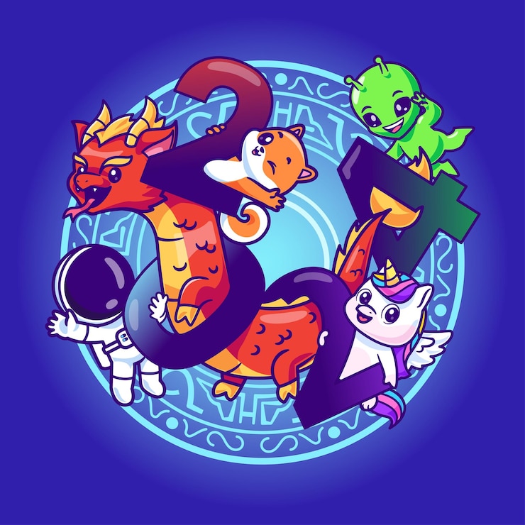 Kostenlose Vektor niedlicher drache-astronaut alien shiba inu hund einhorn und katze neujahr 2024 mit goldmünze weltraum-cartoon