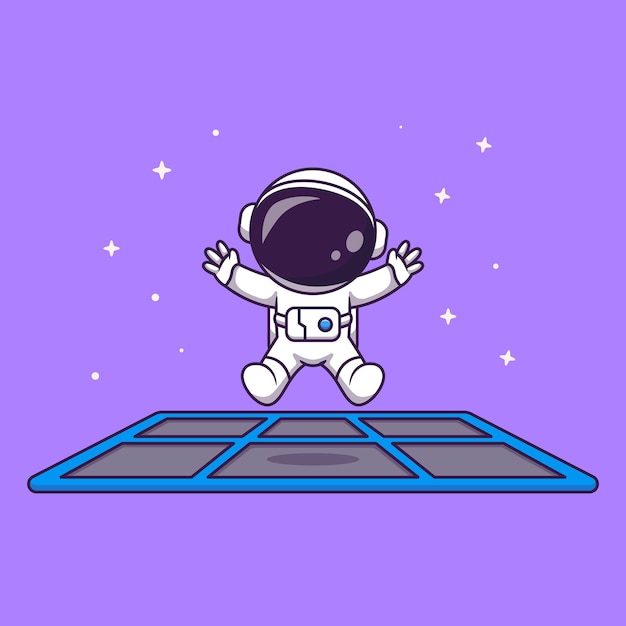 Kostenloser Vektor niedlicher glücklicher astronaut, der trampolin im weltraum spielt, cartoon-vektor-symbol, illustration, wissenschaft, techno