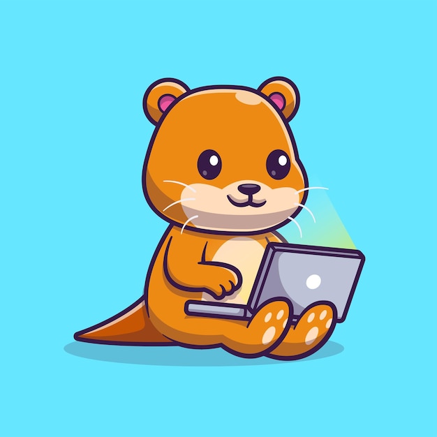 Niedlicher otter, der am laptop arbeitet, cartoon-vektor-symbol-illustration, tier-technologie-symbol, isoliert flach