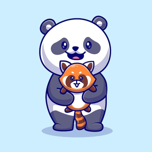 Kostenloser Vektor niedlicher panda, der baby-roter panda-karikatur-vektor-ikonen-illustration hält. tier natur symbol isoliert flach