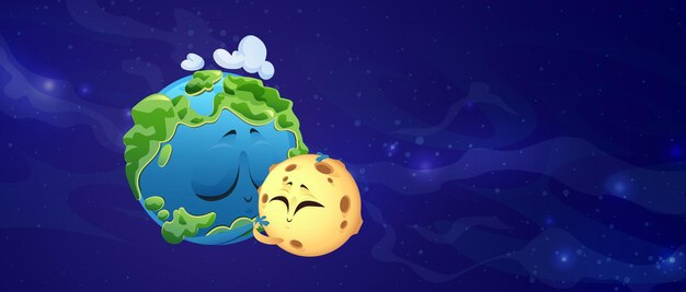 Niedlicher Planet Erde und Mond umarmen sich im Weltraum