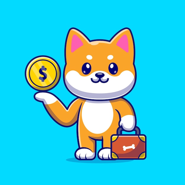 Niedlicher shiba inu hund mit goldmünze und koffer cartoon vektor icon illustration. tiergeschäftsikonenkonzept lokalisierter premium-vektor. flacher cartoon-stil