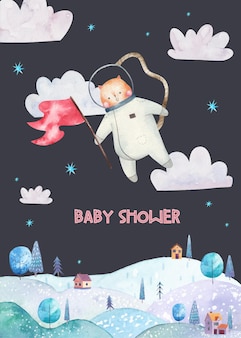 Niedliches märchenhaftes poster mit astronautenkatze, die über die aquarellillustration der berge fliegt