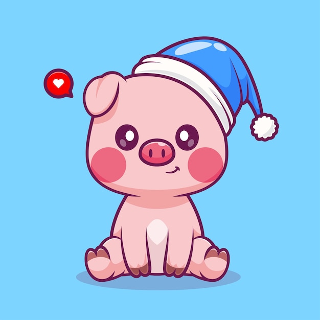 Niedliches schwein sitzt mit mütze, cartoon-vektor-symbol, illustration, tier-feiertags-symbol, isoliert flach