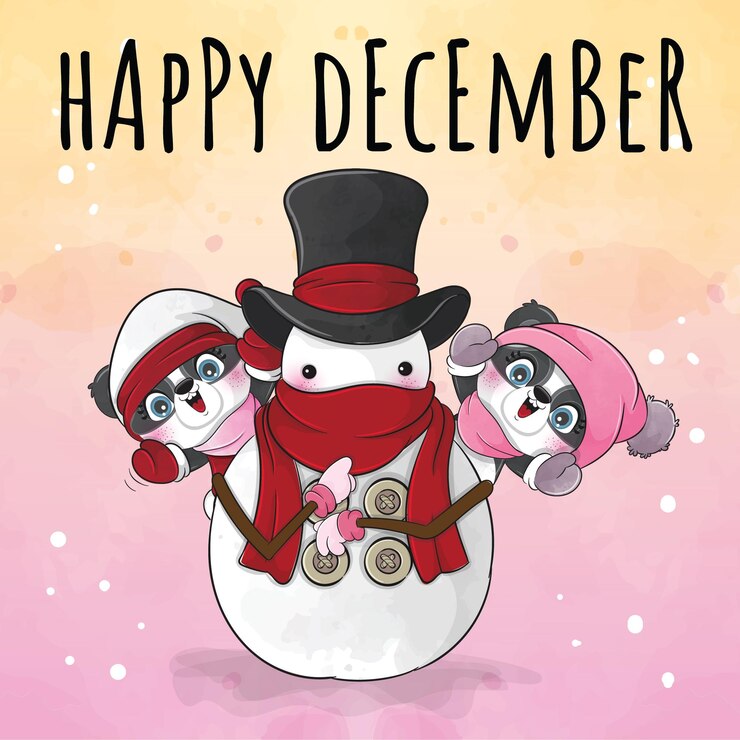 Kostenlose Vektor niedliches tier kleiner panda glücklicher dezember mit schneeillustration - niedlicher tieraquarellpanda