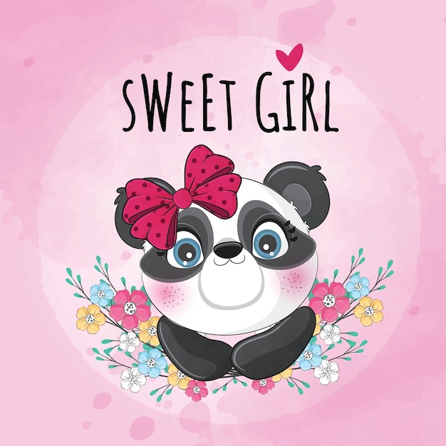 Niedliches tier kleiner panda mit blumenillustration - niedliche tieraquarell-panda-figur