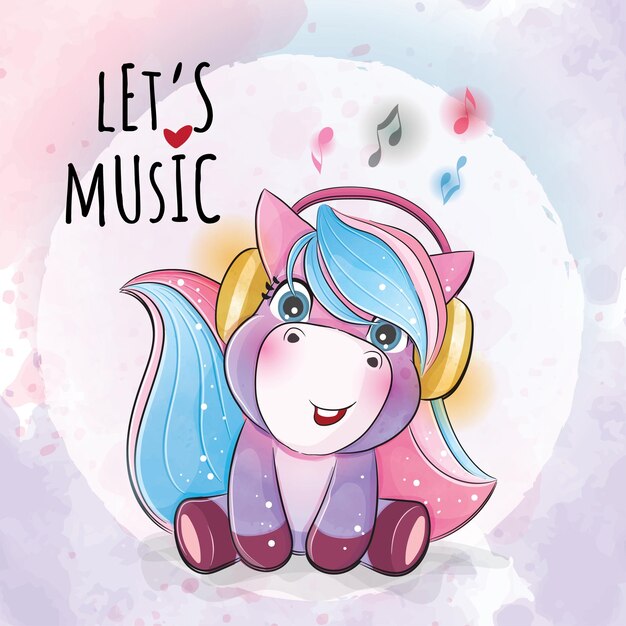 Niedliches tierisches kleines Einhorn mit Musikillustration Niedliche tierische Aquarellfigur