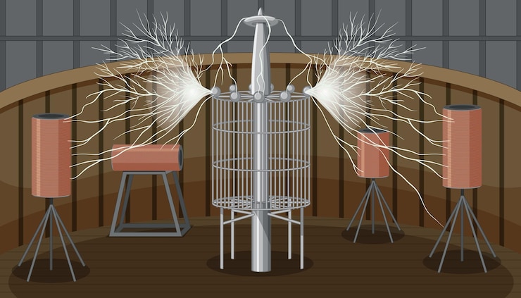 Kostenlose Vektor nikola tesla39s vergrößerungs-sender-experiment eine vektor-cartoon