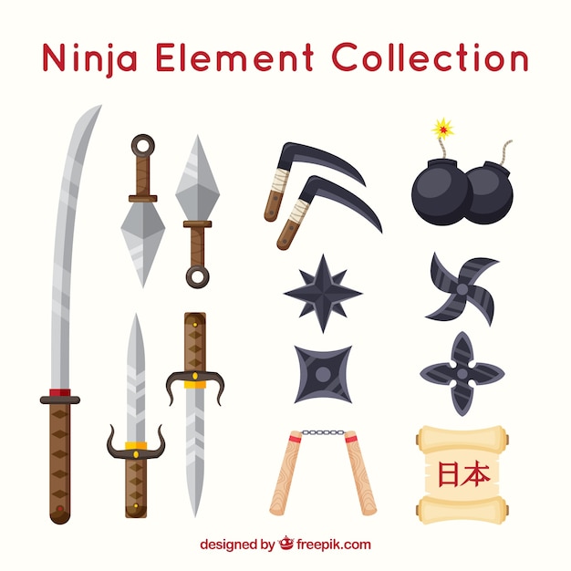 Kostenloser Vektor ninja elementsammlung mit flachem design
