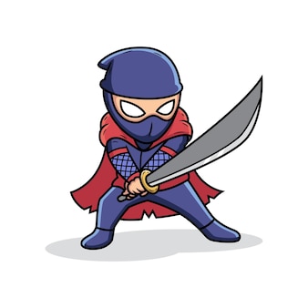 Ninja hält schwert in kampfhaltung. cartoon-vektor-illustration isoliert auf premium-vektor