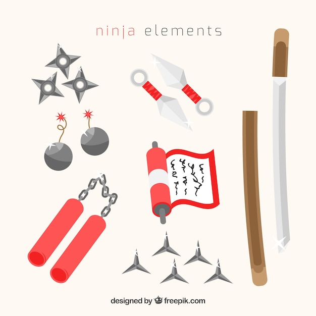 Ninja krieger elementsammlung mit flachem design