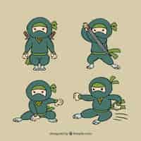 Kostenloser Vektor ninjas charaktersammlung mit verschiedenen posen