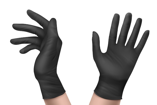 Kostenloser Vektor nitrilhandschuhe an der vorder- und seitenansicht. persönliche schutzausrüstung des schwarzen gummi-einweglatex für gesundheits- oder laborarbeiter lokalisiert auf weißem hintergrund, realistische 3d-illustration