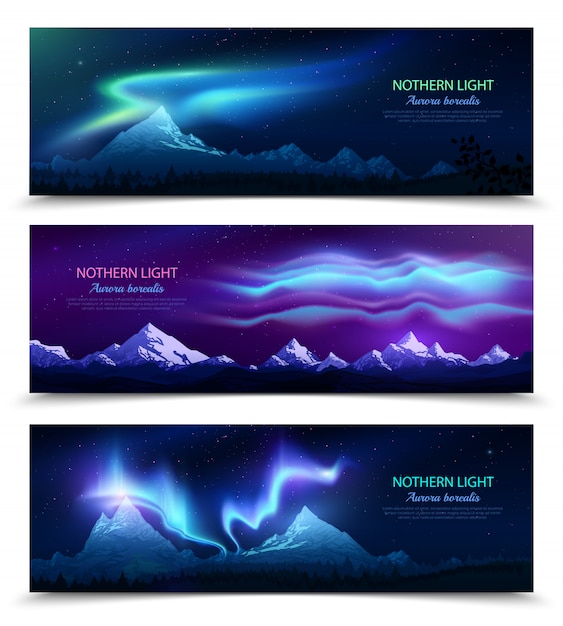 Kostenloser Vektor nordlichtaurora borealis nächtlicher himmel und landschaft 3 bunte realistische horizontale fahnen stellten lokalisiert ein