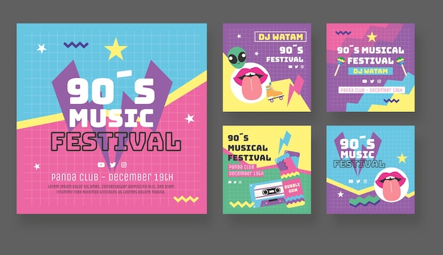 Nostalgische musikfestival-instagram-beiträge im flachen design