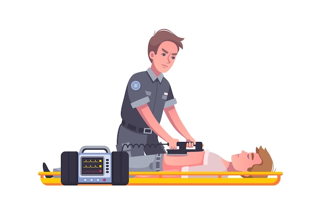 Notfallkarikaturillustration mit männlichem sanitäter mit defibrillator