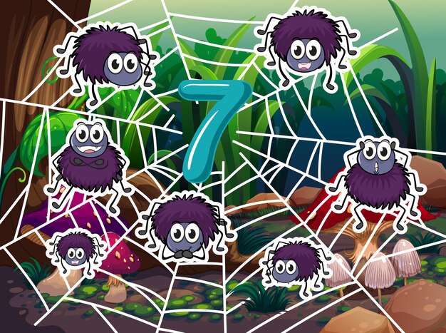Nummer 7 mit sieben Spinnen im Netz