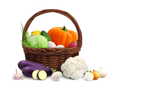 Obst und Gemüse in einem Korb realistische Zusammensetzung mit reifem Grün innen und außen von Wicker Korb Vektor-Illustration